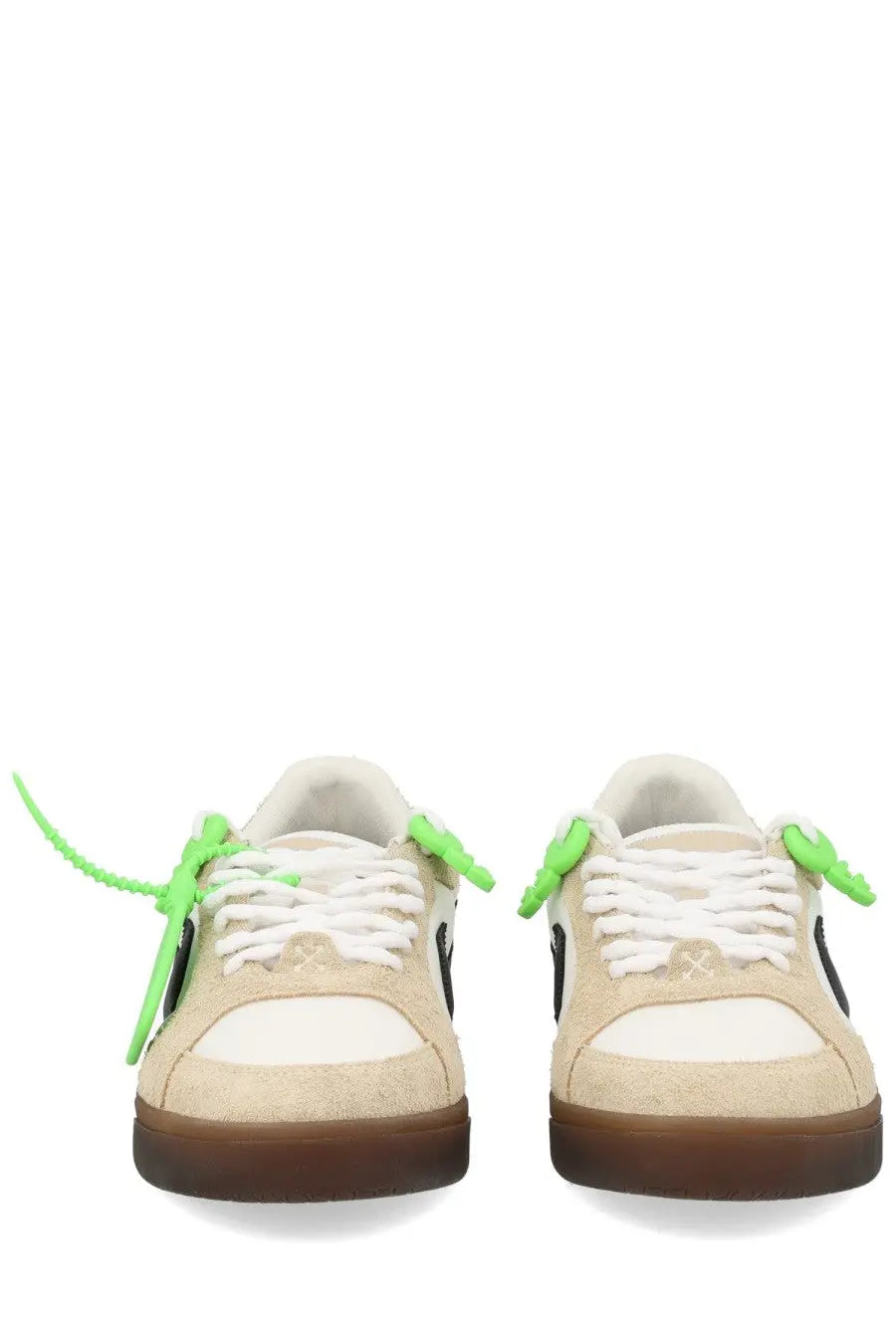 Off-White men’s sneaker end of play white beige suede and canvas with black panels and neon green zip-tie laces