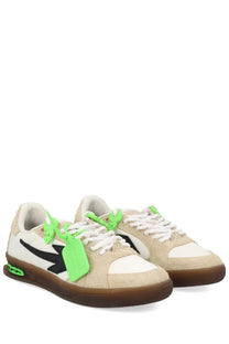 Off-white men’s sneaker end of play white beige and white suede with neon green laces and black lightning bolt logo