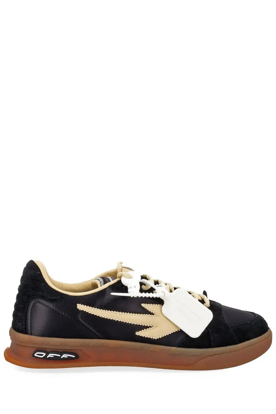 Off-white men’s sneaker end of play black in suede and leather with beige zigzag logo white tag and gum rubber sole