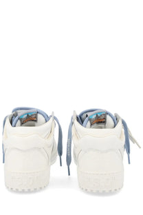 Off-white men’s white high-top sneakers with light blue laces and a small landscape patch on the heel tab back view