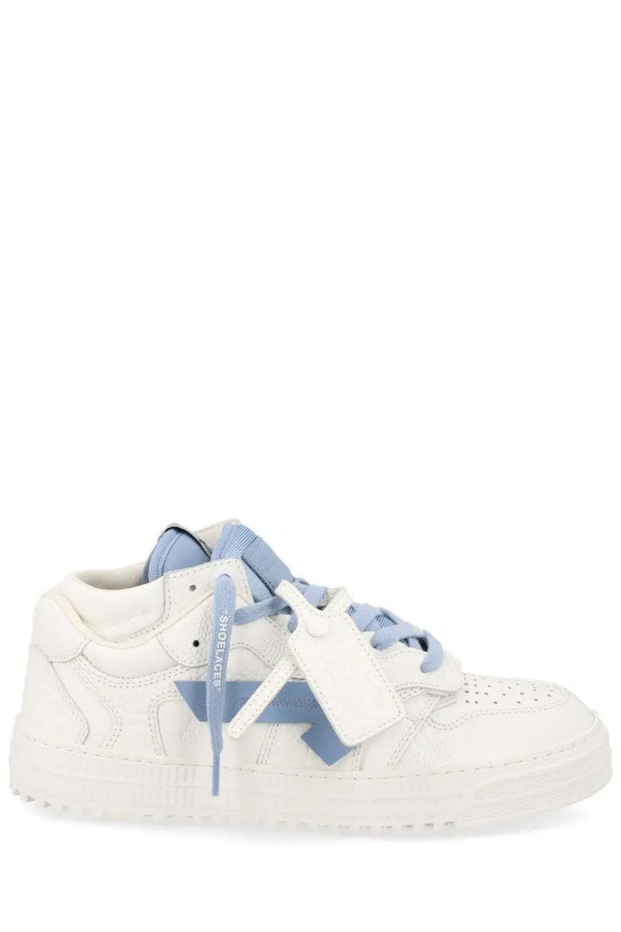 Off-White men’s white leather sneaker with light blue laces and logo tag featuring off-white brand design
