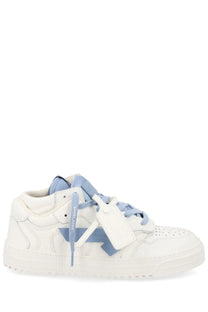 Off-White men’s white leather sneaker with light blue laces and logo tag featuring off-white brand design
