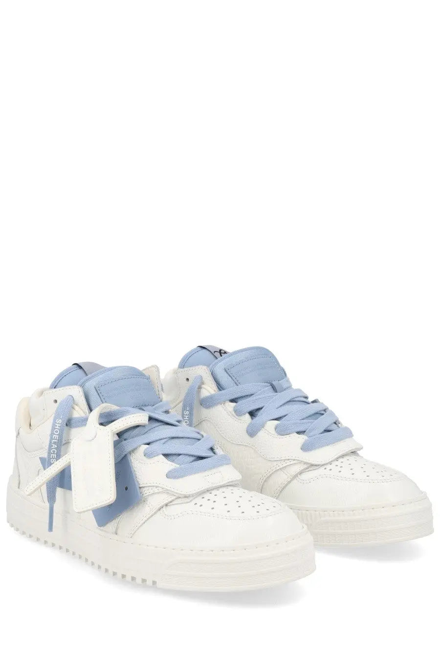 Off-White men’s sneaker floating arrow white with white and light blue off-white upper, chunky sole, and perforated toe box