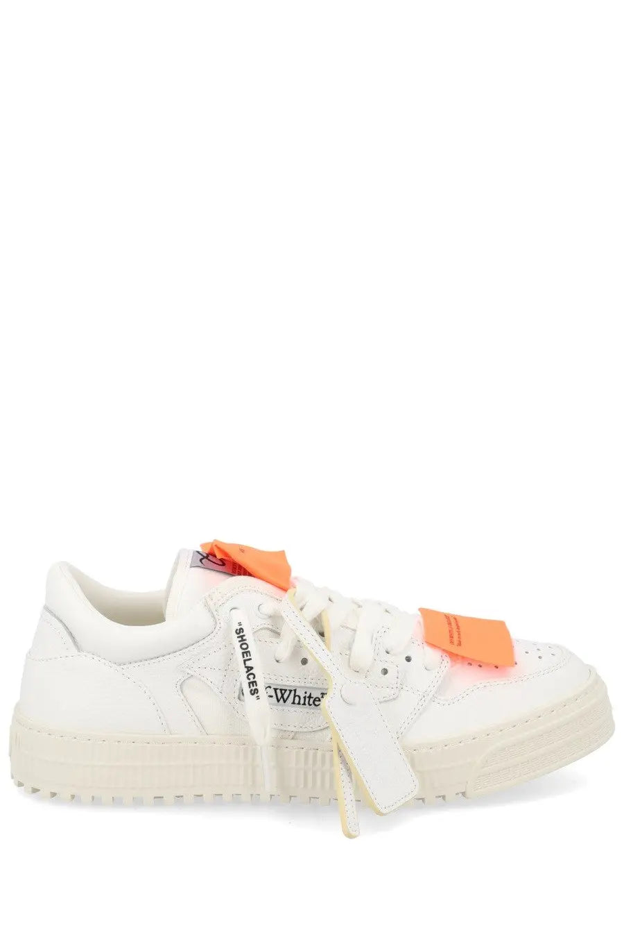 Off-white men’s low top court sneaker in white with orange accents and chunky sole for casual wear