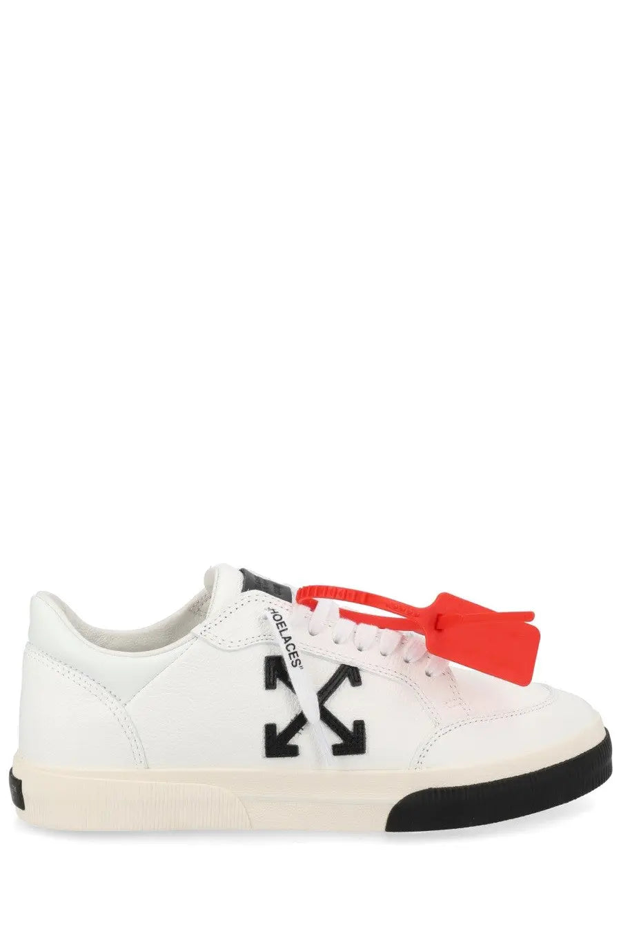Off-White men’s sneaker vulc low white with white off-white leather, black arrow logo, and red zipper pull details