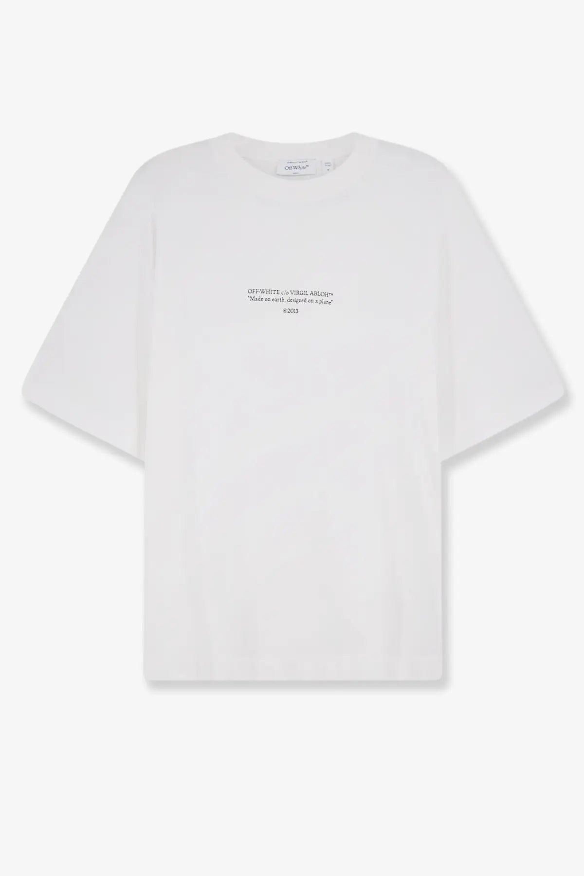 Off-white men’s statement cotton t-shirt in white with minimalist black text print on the chest by Off-White