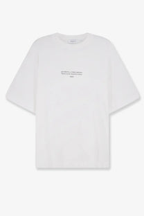Off-white men’s statement cotton t-shirt in white with minimalist black text print on the chest by Off-White