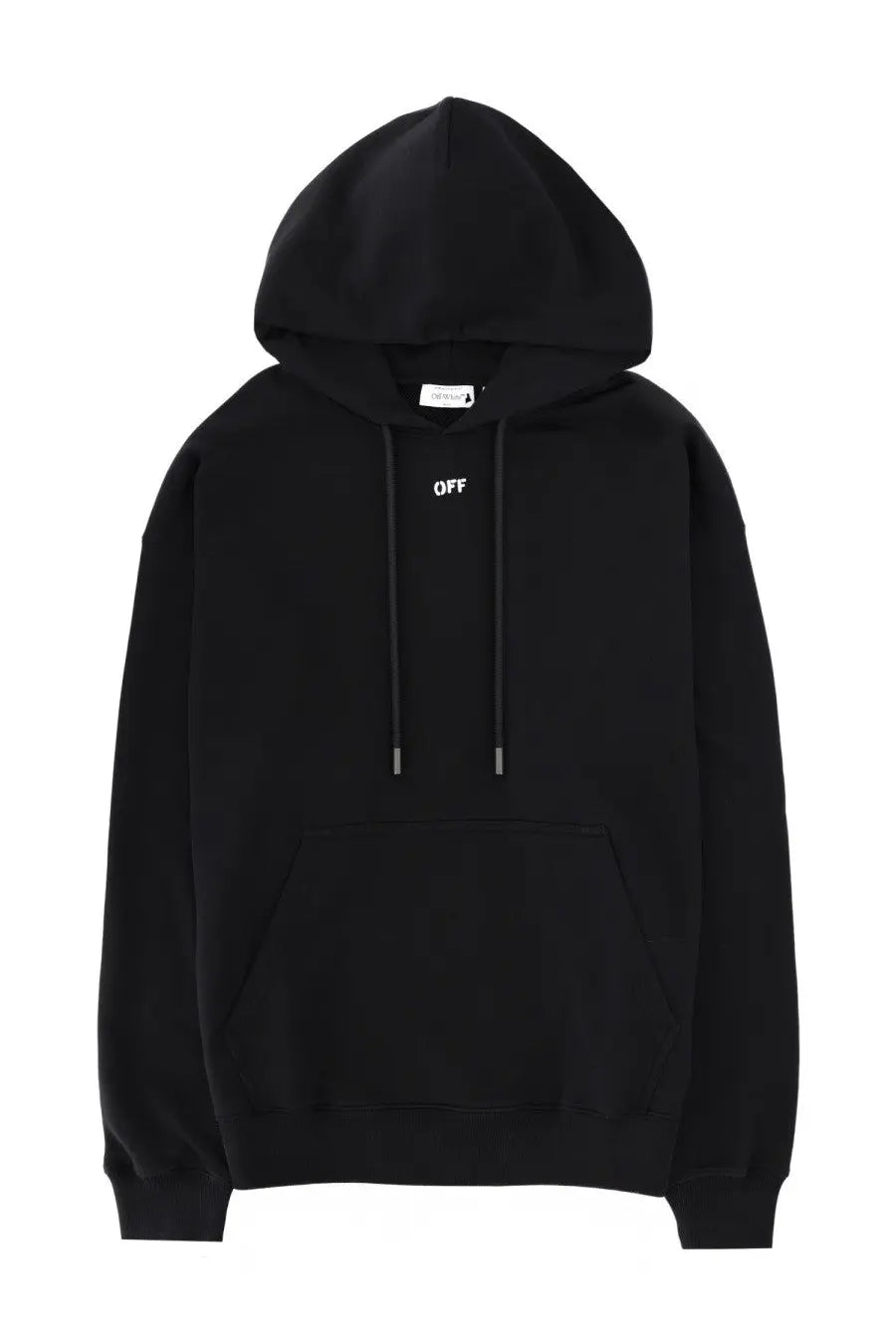 Off-White men’s black hoodie with minimalist white off logo on chest and matching drawstrings in cotton blend material