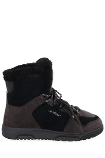 Off-White men’s winter boot anthracite black black and brown suede high-top sneaker with plush shearling lining and chunky sole