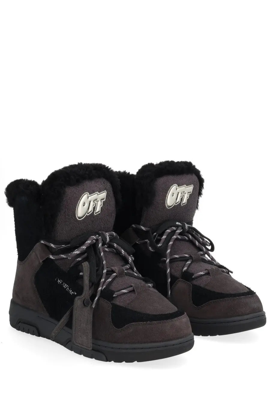Off-white men’s winter boot anthracite black dark gray suede black leather with plush fur lining and off-white logo on tongue