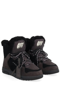 Off-white men’s winter boot anthracite black dark gray suede black leather with plush fur lining and off-white logo on tongue