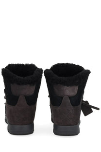 Off-white men’s winter boot anthracite black shown from the back black suede ankle boots with plush shearling lining and off-white logo on heel