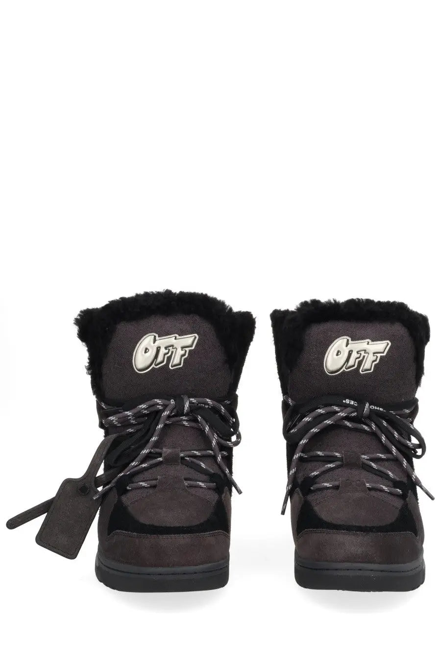 Off-White men’s anthracite black winter boots in suede and rubber with faux fur lining and bold white off logo on tongue