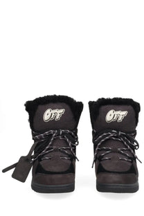 Off-White men’s anthracite black winter boots in suede and rubber with faux fur lining and bold white off logo on tongue