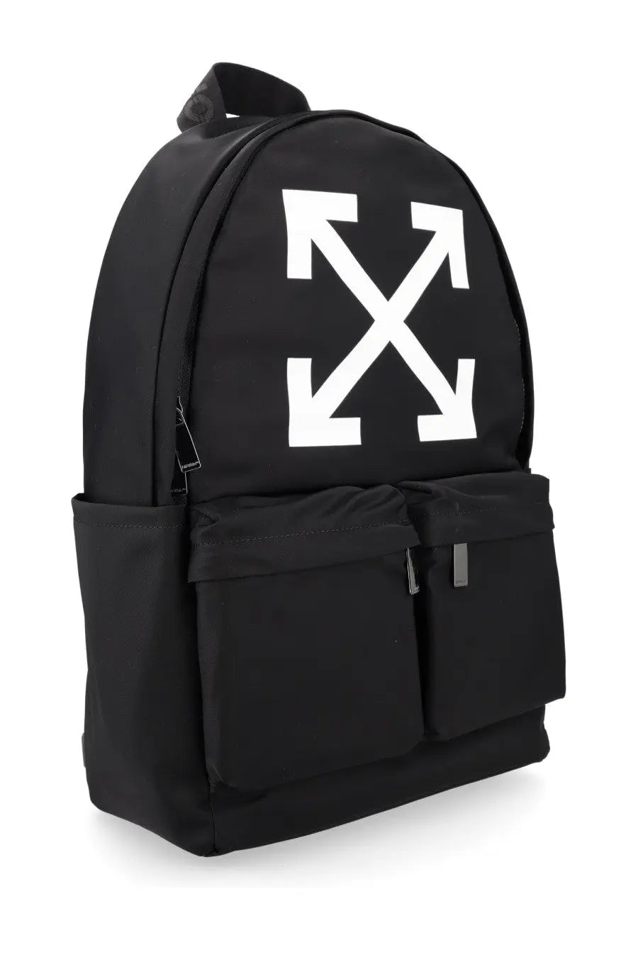 Off-White men’s zaino full arrow black backpack in black with bold white arrow logo on front panel designed for daily use