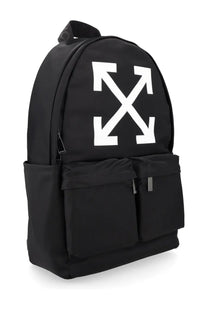 Off-White men’s zaino full arrow black backpack in black with bold white arrow logo on front panel designed for daily use