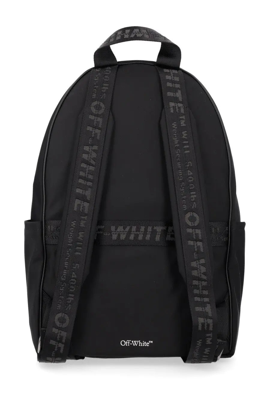 Off-white men’s zaino full arrow black backpack showing back side with black fabric and signature logo tape straps and panel