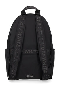 Off-white men’s zaino full arrow black backpack showing back side with black fabric and signature logo tape straps and panel