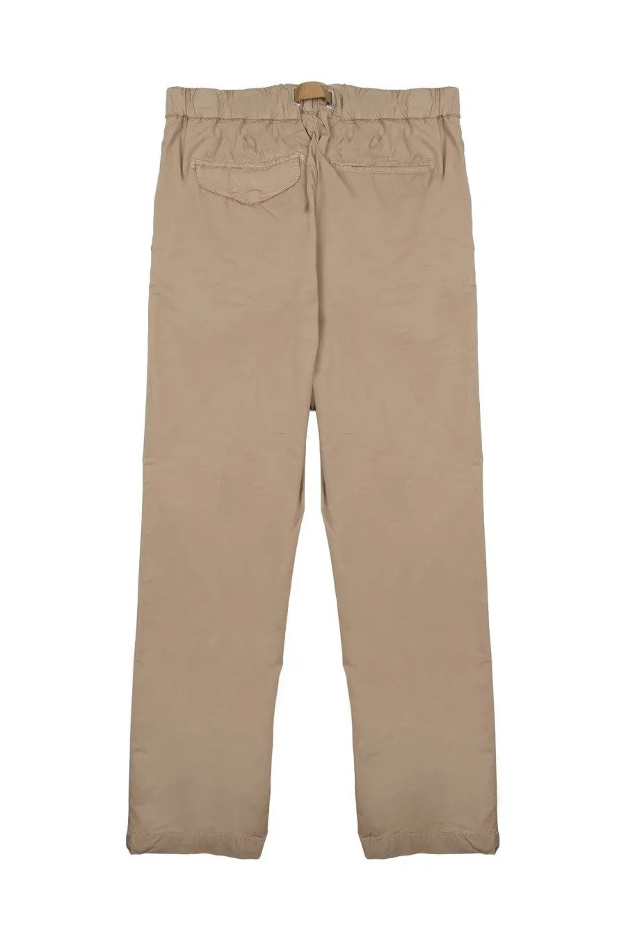 Beige drawstring pants with elastic waistband and two back pockets shown from the back in white sand men’s pantalone cotone
