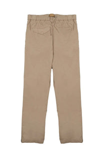 Beige drawstring pants with elastic waistband and two back pockets shown from the back in white sand men’s pantalone cotone