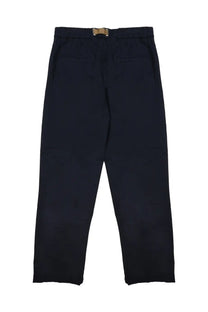 Dark navy blue cotton White Sand men’s pantalone trousers with beige metal buckle at the waistband