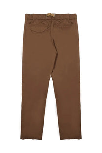 Brown elastic-waist cotton trousers with subtle texture and two back pockets shown from the back side