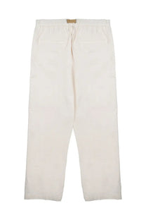 Back side of cream-colored white sand men’s relaxed-fit cotton pantalone with elastic waistband and two back pockets