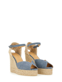 Castañer women’s white sandal blue espadrille wedge sandal in blue denim with woven jute sole and ankle strap