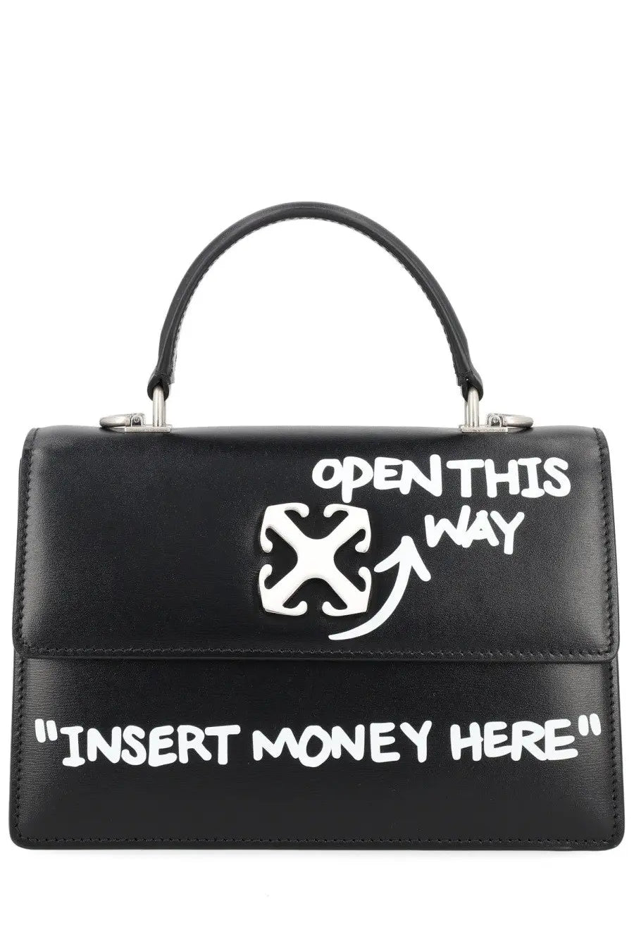 Off-white women’s borsa jitney black leather handbag with white graffiti text and open this way insert money here logo