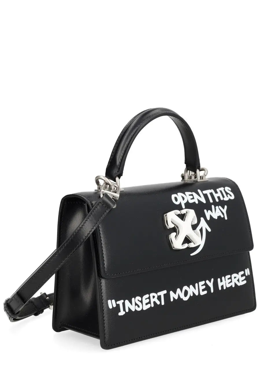 Off-white women’s borsa jitney black leather handbag with white graffiti text and silver logo clasp