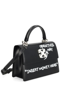 Off-white women’s borsa jitney black leather handbag with white graffiti text and silver logo clasp