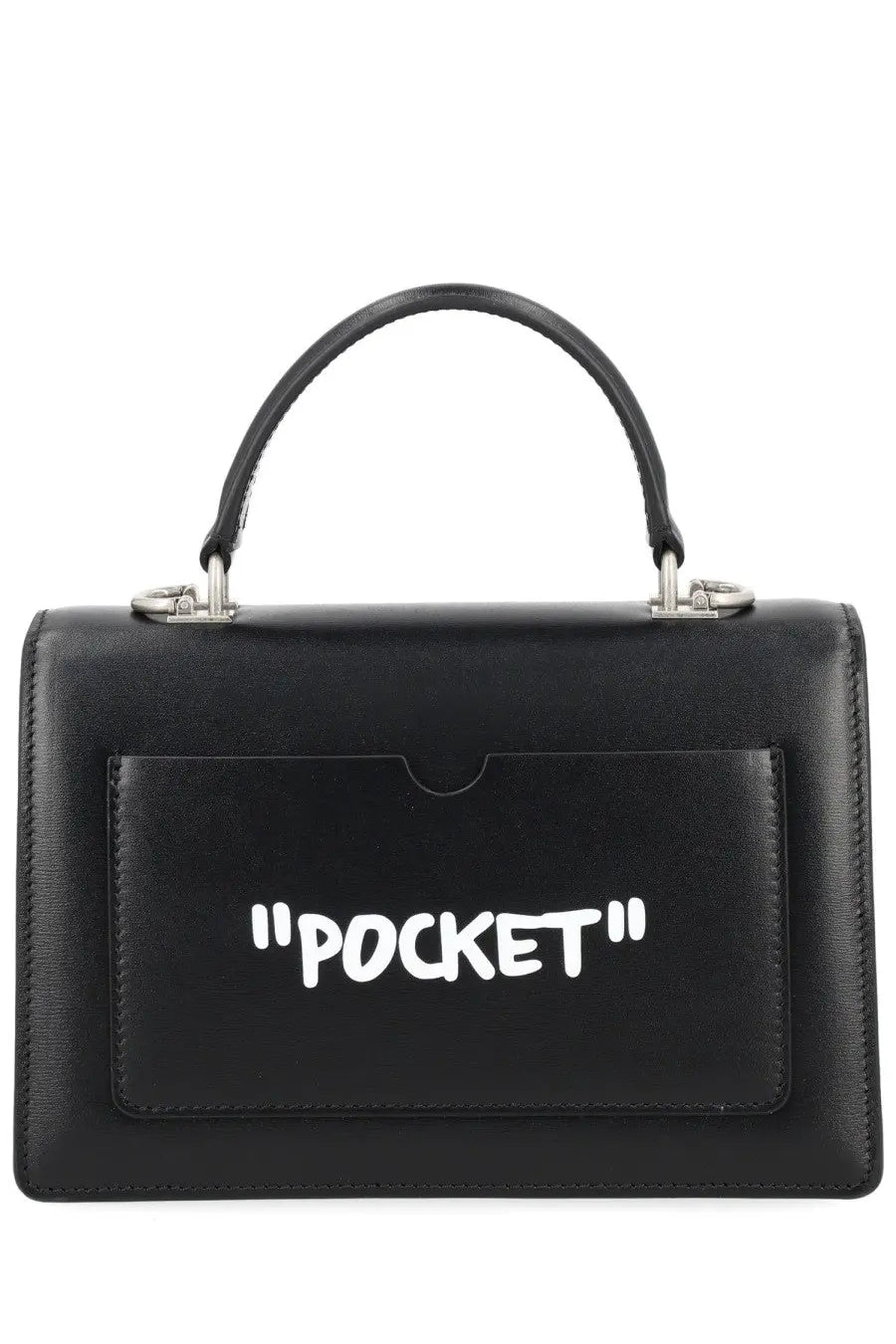 Off-White women’s borsa jitney black leather handbag with a front pocket featuring bold white graffiti lettering pocket