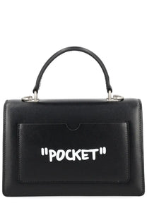 Off-White women’s borsa jitney black leather handbag with a front pocket featuring bold white graffiti lettering pocket