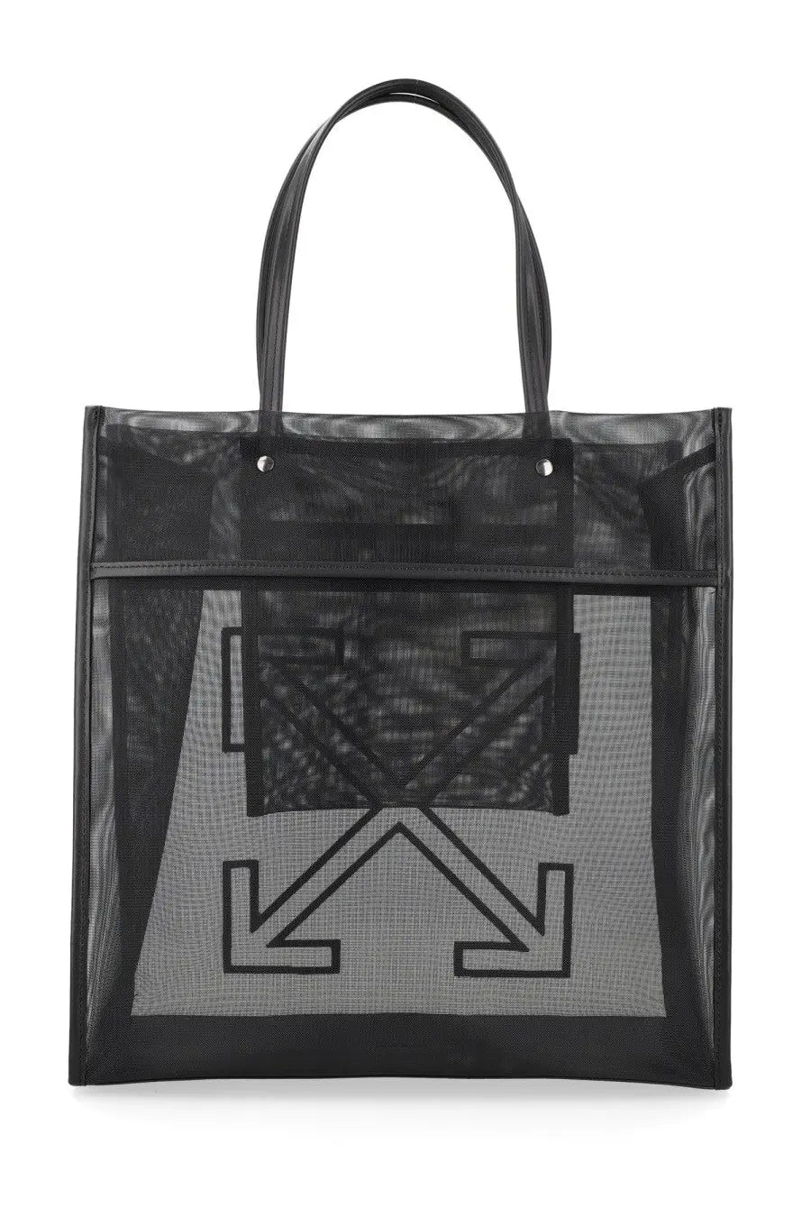 Off-White women’s borsa tote market black mesh tote bag with bold black and gray arrow logo