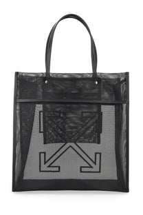 Off-White women’s borsa black mesh tote bag with bold black and gray arrow logo for market use