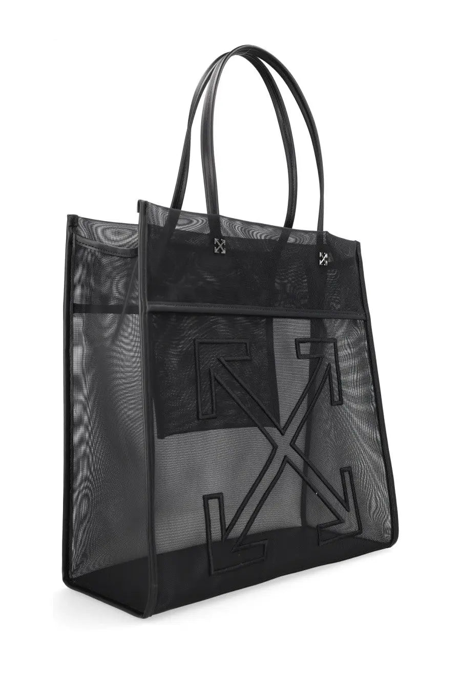 Off-white women’s borsa tote market black black mesh tote bag with bold black arrow logo and leather handles
