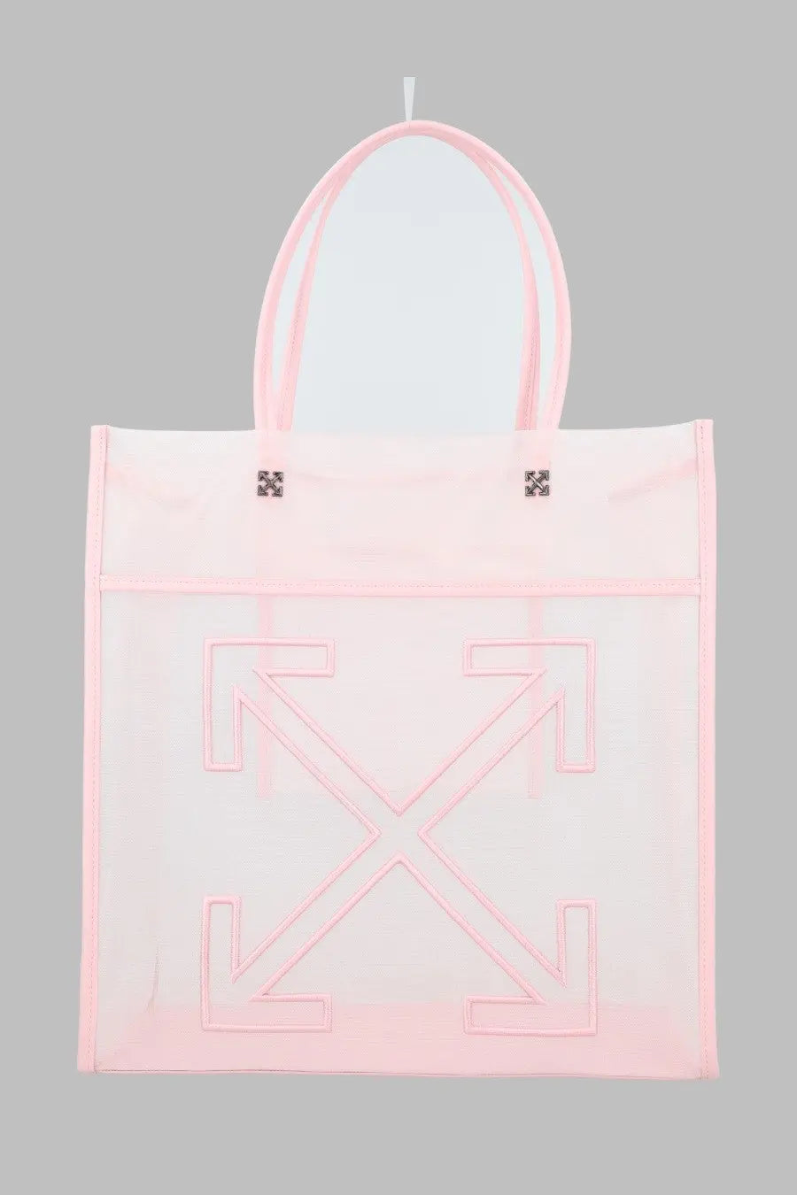 Off-White women’s borsa tote market bag in pink translucent material with embroidered arrow logo and metallic hardware accents