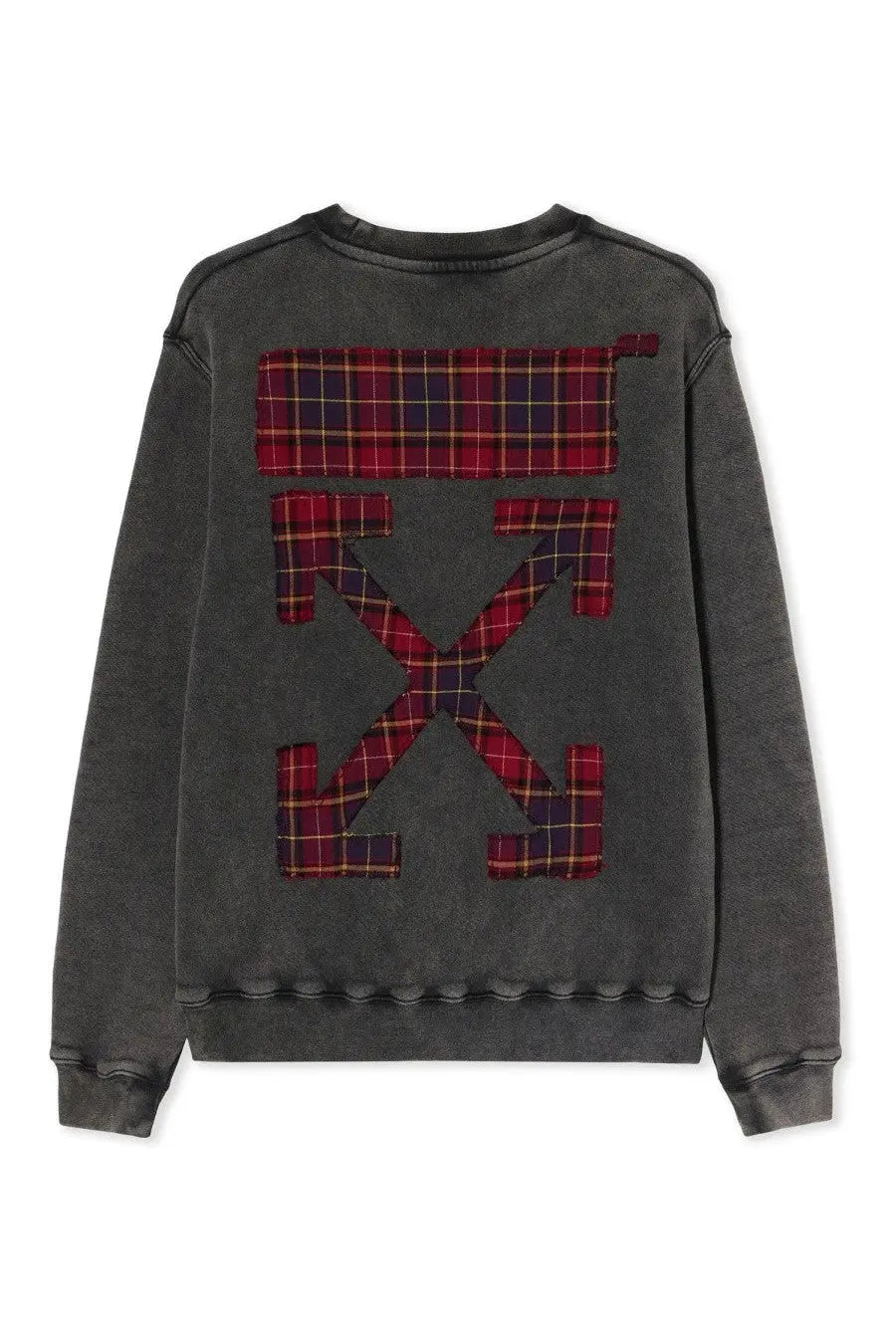 Off-White women’s grey sweatshirt with bold red and black plaid patchwork arrow logo on dark gray fabric