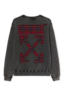 Off-White women’s grey sweatshirt with bold red and black plaid patchwork arrow logo on dark gray fabric