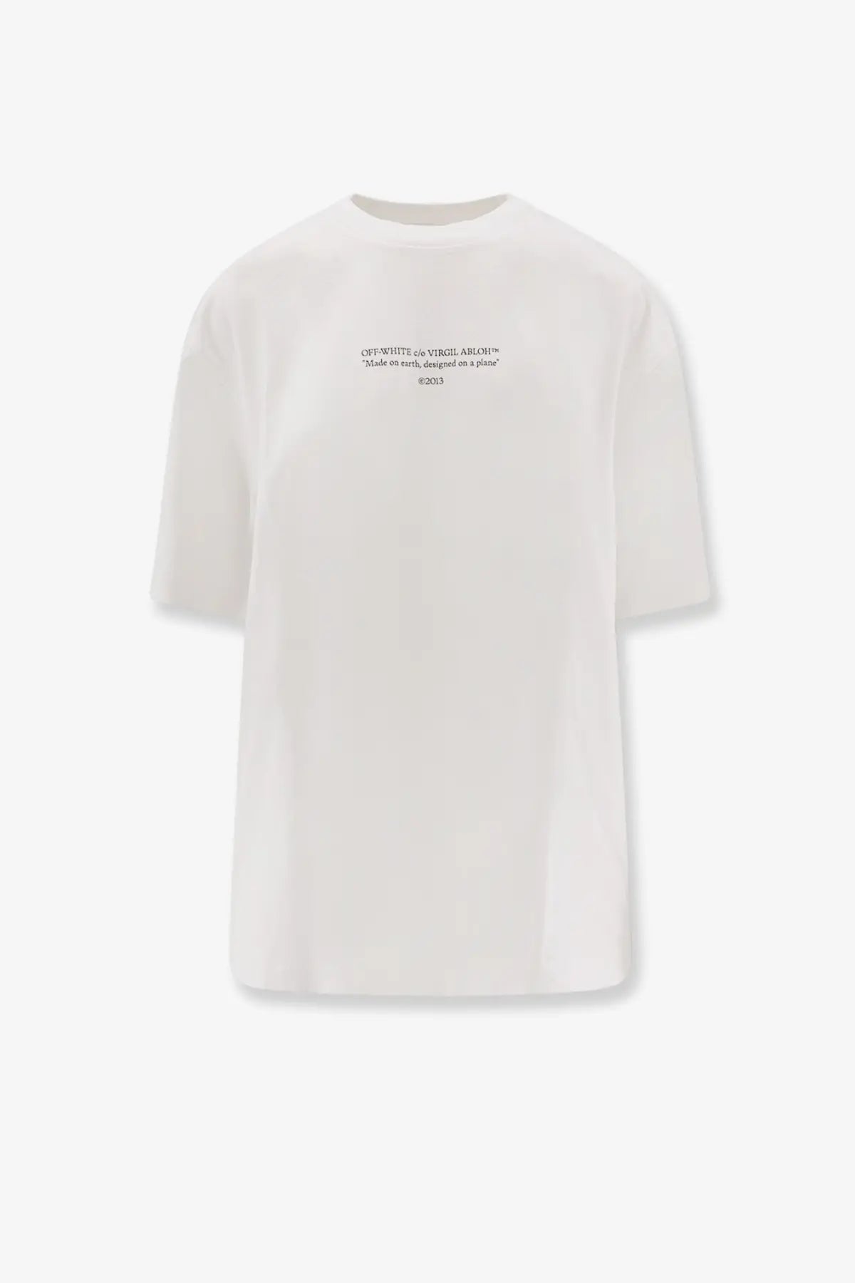 Off-white women’s white oversized cotton t-shirt with black text print on the chest by Virgil Abloh