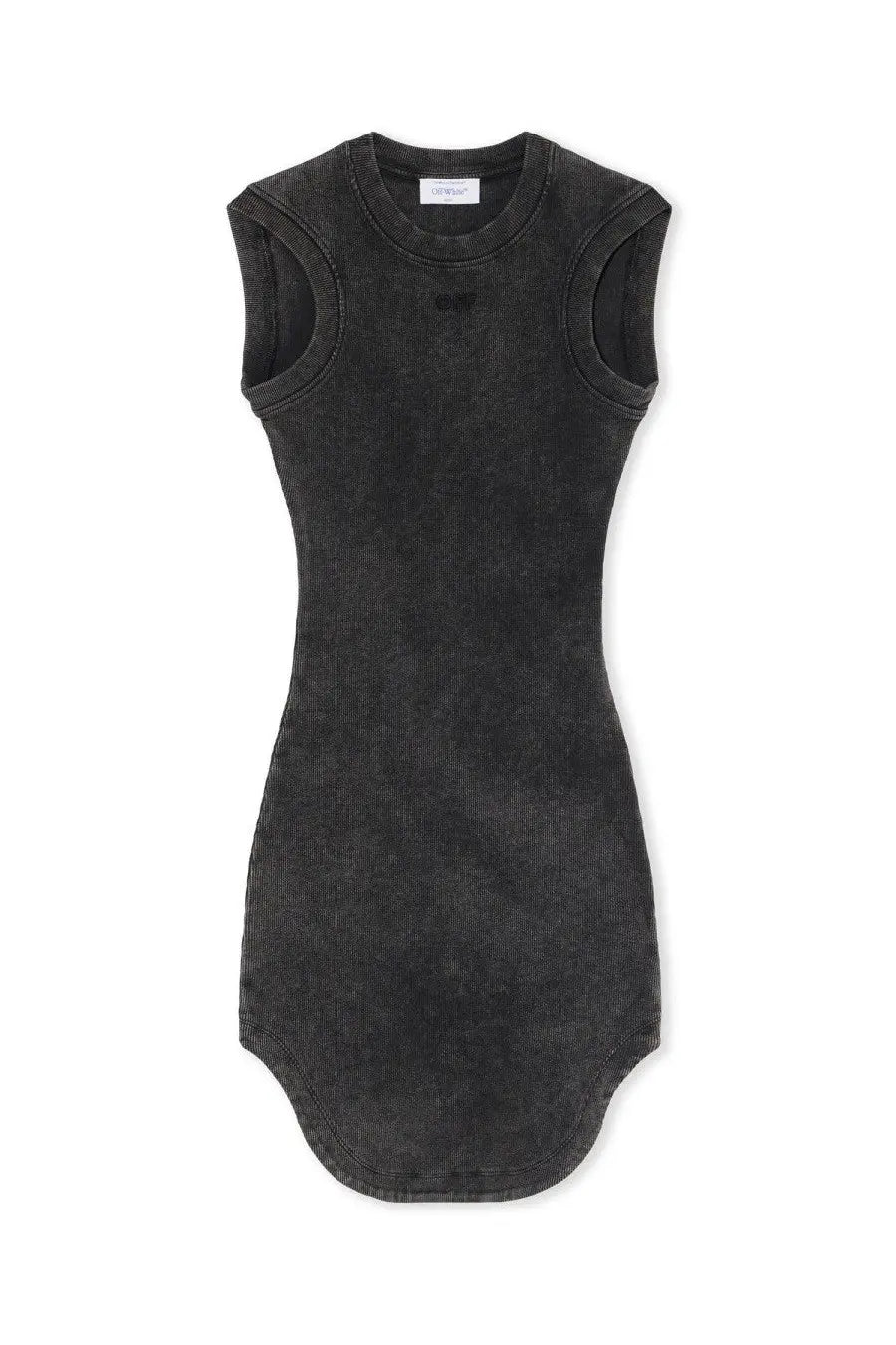 Off-white women’s mini dress in grey denim with faded distressed texture and sleeveless cut-out shoulder details