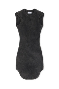 Off-white women’s mini dress in grey denim with faded distressed texture and sleeveless cut-out shoulder details