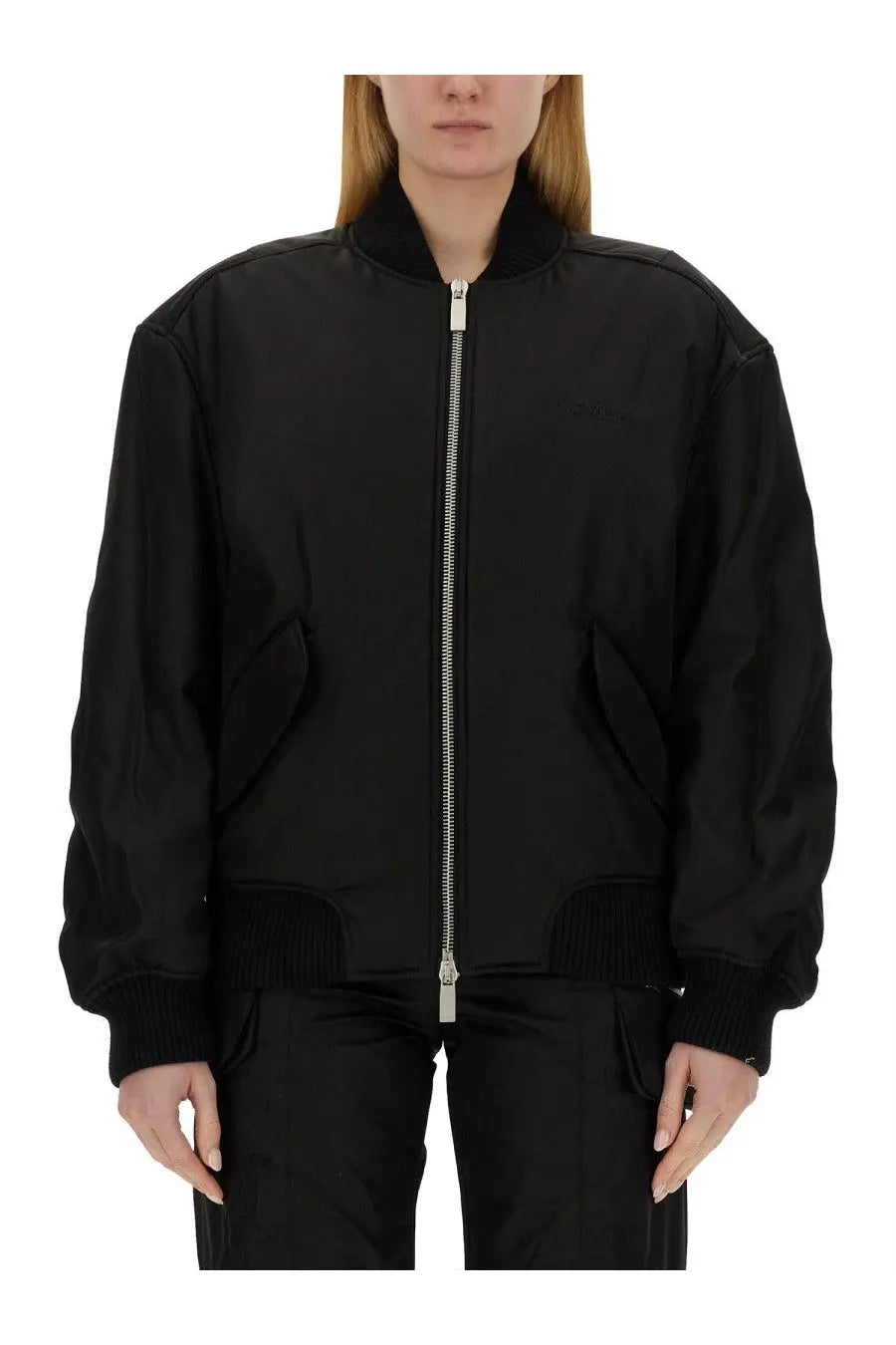 Off-white women’s black nylon bomber jacket with ribbed cuffs and collar silver zipper and subtle chest embroidery