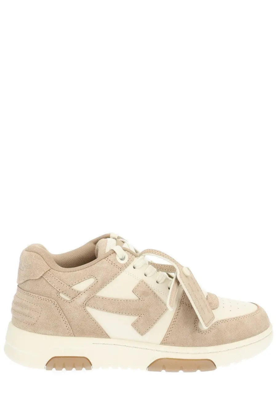 Beige suede and white leather low-top off-white women’s out of office sneaker with a prominent arrow logo on the side