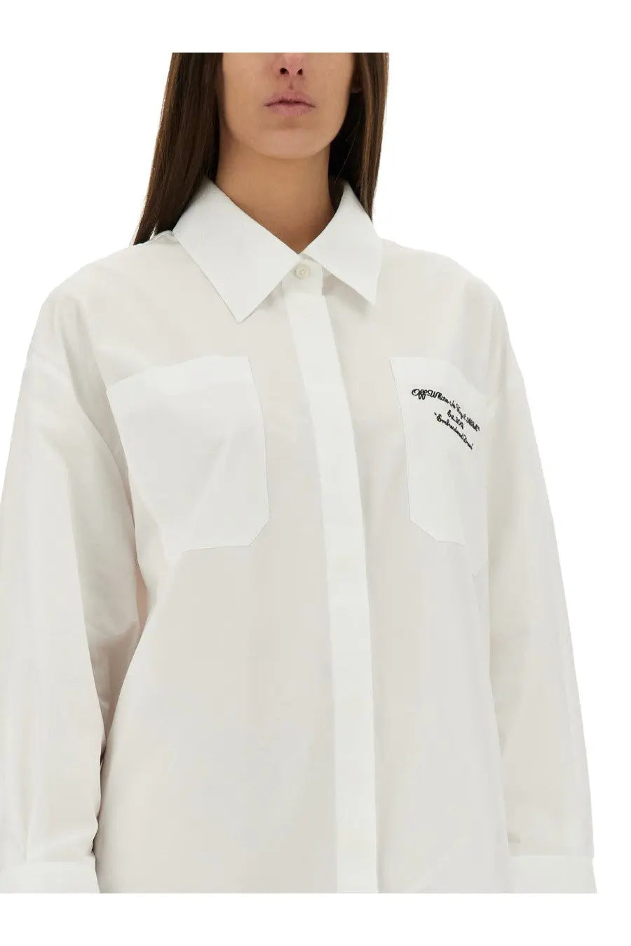 Off-White women’s oversized white poplin button-down shirt with embroidered logo on left chest pocket