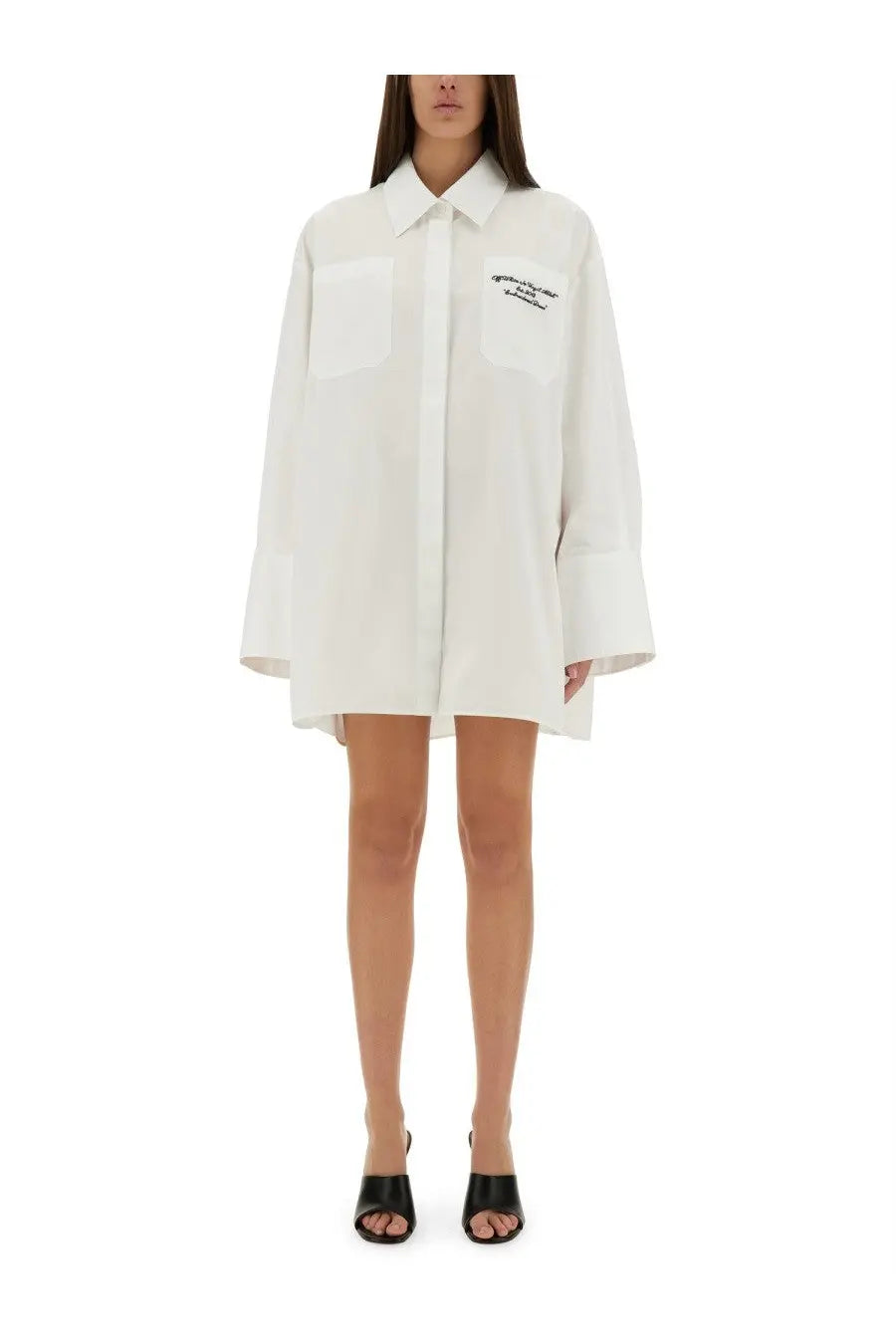 Off-White women’s oversized white poplin shirt dress with embroidered logo on the left chest front