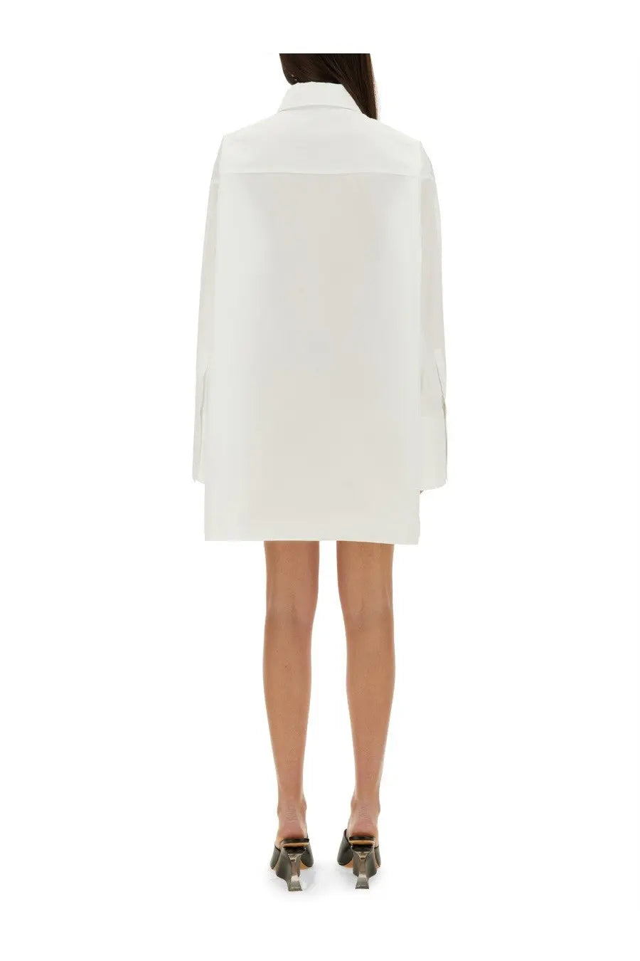 Off-white women’s oversized poplin shirt dress in white with a classic collar and long sleeves made from smooth fabric