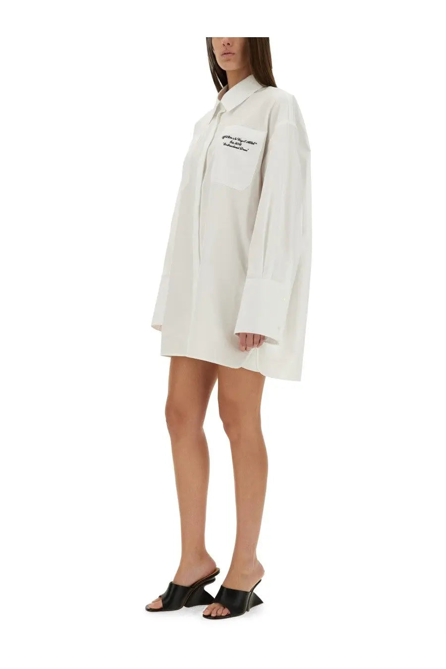 Off-White women’s oversized white poplin shirt dress with collar front pocket and black embroidered chest branding
