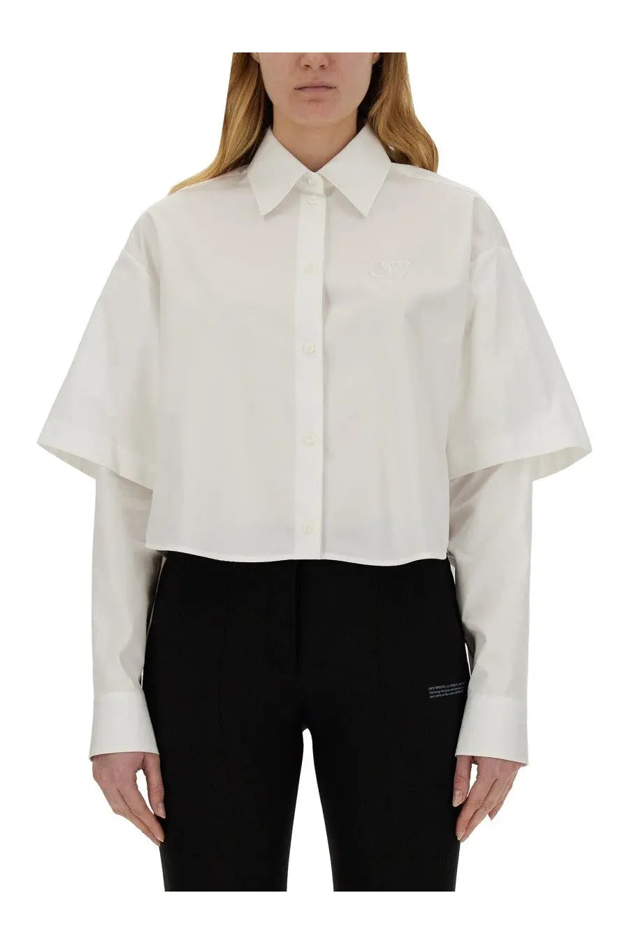 Off-white women’s white poplin shirt with wide fluttery sleeves and classic collar in a cropped button-down style