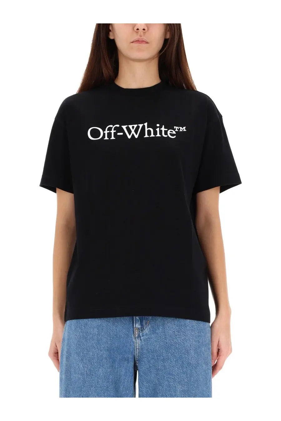 Off-White women’s black short-sleeved t-shirt with white logo across the chest in cotton fabric